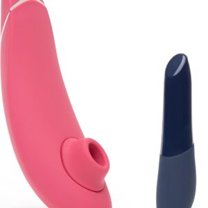 Womanizer Premium 2 Pink Pleasure Air Clitoris Sucker & We-Vibe Tango X Blue Massage Bullet Vibrator - Couples Sex Toys Bundle