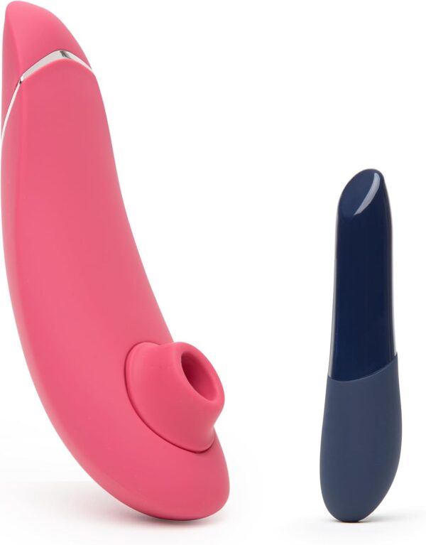 Womanizer Premium 2 Pink Pleasure Air Clitoris Sucker & We-Vibe Tango X Blue Massage Bullet Vibrator - Couples Sex Toys Bundle