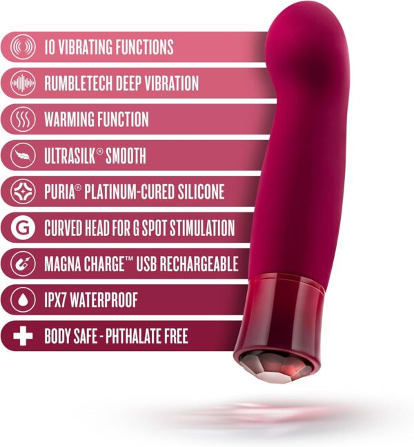 Blush Novelties Oh My Gem - Classy - 5.5Puria Silicone G-Spot Vibrator - 5 Speeds & 5 Unique Vibrating Modes with Warming Function - USB Rechargeable with Cable Included - IPX7 Waterproof - Garnet - Image 2