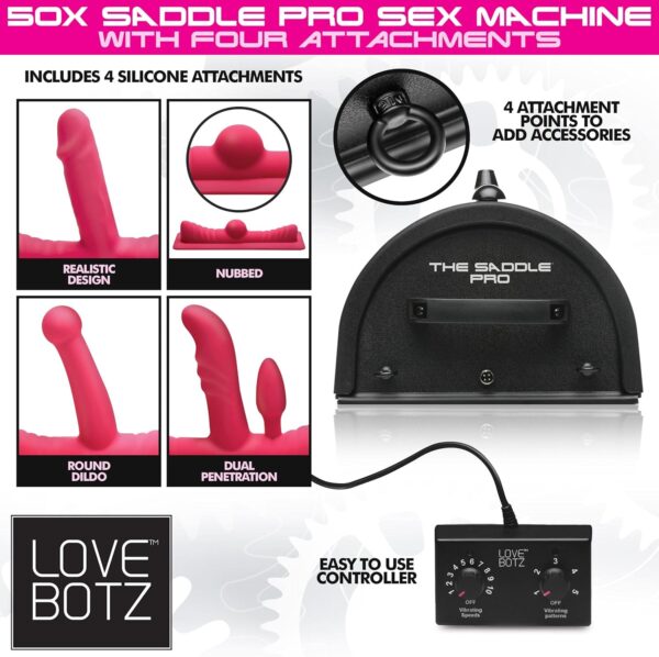 Love BOTZ 50X Saddle Pro Sex Machine with 4 Silicone Dildo Attachments, Vibrating Thrusting Dildo Mount for Men, Women, & Couples, Powerful & Durable Adult Toys, Easy to Use, 5 Piece Set, Black - Image 2