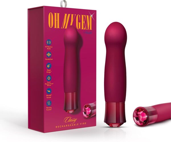 Blush Novelties Oh My Gem - Classy - 5.5Puria Silicone G-Spot Vibrator - 5 Speeds & 5 Unique Vibrating Modes with Warming Function - USB Rechargeable with Cable Included - IPX7 Waterproof - Garnet