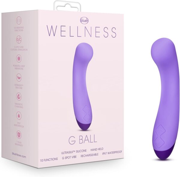 Blush Novelties Wellness G Ball Vibrator - Rechargeable 7G Spot Stimulating Massage Wand - 10 Unique Vibrating Functions - Ultrasilk Smooth Puria Silicone - IPX7 Waterproof 1 Yr Warranty - Purple