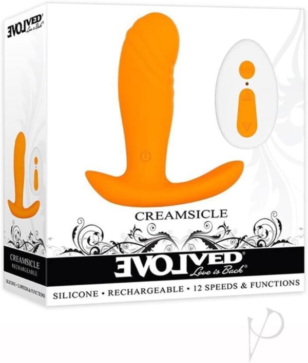 Evolved Love Is Back - Creamsicle - 12 Speeds & Functions Remote-Controlled Silicone Petite Phallic-Shaped Shaft - Rocker-Base Discreetly Wearable Vibrator - Orange/White