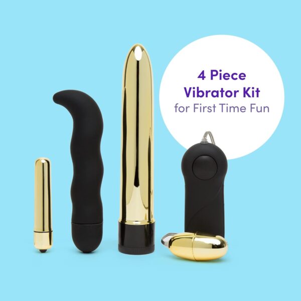 Lovehoney First Time Fun Vibrator 4 Piece Starter Kit - includes, 6.5 Inch Vibrator, 6 Inch G Spot Vibrator, 2.5 Inch Egg Vibrator & Mini Bullet Vibrator for Women - Gold & Black