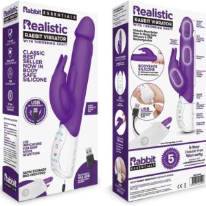 Realistic Rabbit Vibrator with Throbbing Shaft (Includes: USB Rechargeable Charger, Satin Storage Bag, and User Guide), Purple