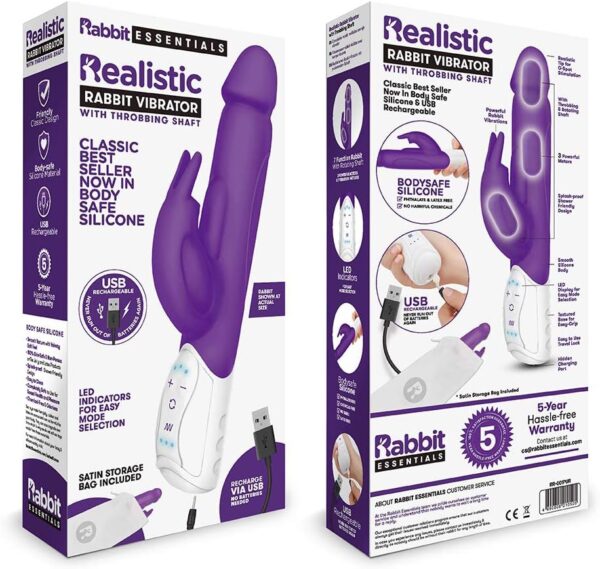 Realistic Rabbit Vibrator with Throbbing Shaft (Includes: USB Rechargeable Charger, Satin Storage Bag, and User Guide), Purple