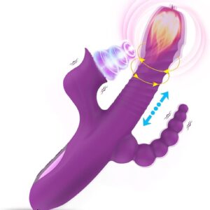 With licking, thrusting and vibration functions 5 in 1 dildo rabbit vibrator with vibration function and suction function, G-spot clitoral anal stimulator with 10 vibration and tongue licking modes an