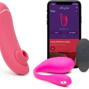 Womanizer Premium 2 Pink Pleasure Air Clitoris Sucker & We-Vibe Jive 2 Pink Remote Control Wearable Egg Vibrator - Female Sex Toys Bundle