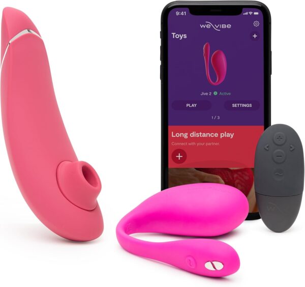 Womanizer Premium 2 Pink Pleasure Air Clitoris Sucker & We-Vibe Jive 2 Pink Remote Control Wearable Egg Vibrator - Female Sex Toys Bundle